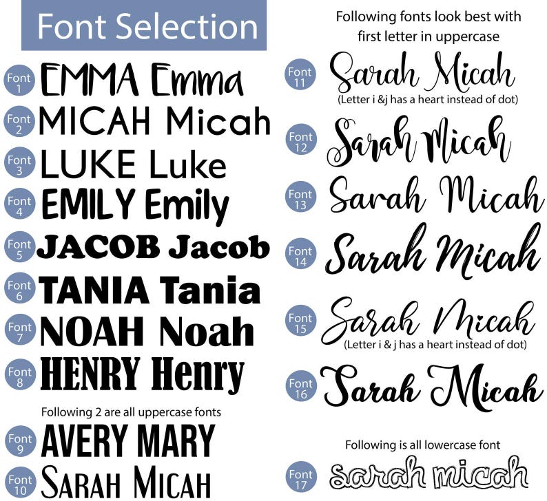 Peut inclure: Un tableau pr&eacute;sentant diff&eacute;rents styles de police pour les noms. Les noms Emma, Micah, Luke, Emily, Jacob, Tania, Noah et Henry sont affich&eacute;s dans diff&eacute;rentes polices. Les noms Avery Mary et Sarah Micah sont affich&eacute;s en majuscules. Le nom Sarah Micah est affich&eacute; dans plusieurs polices cursives avec un c&oelig;ur rempla&ccedil;ant le point dans la lettre i. Le nom Sarah Micah est &eacute;galement affich&eacute; en minuscules.