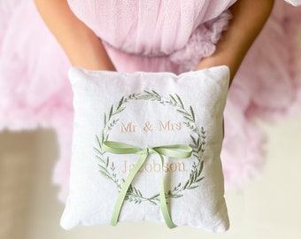 Embroidered Monogram Ring Bearer Pillow for Wedding, Linen Embroidered Ring Bearer Pillow, Wreath Ring Bearer Pillow