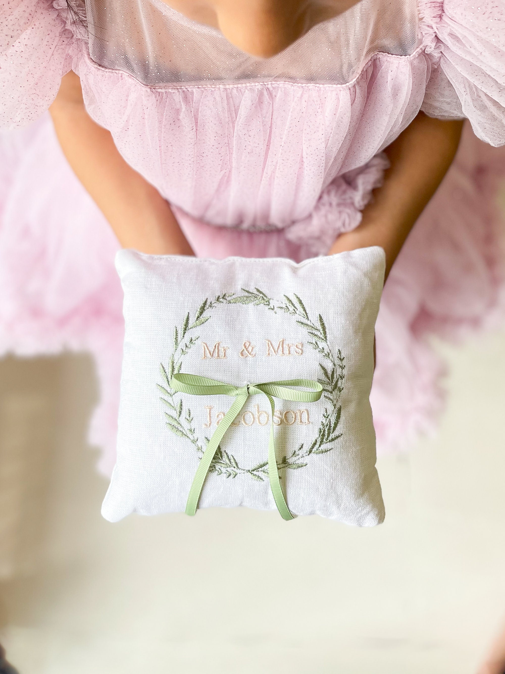 Embroidered Monogram Ring Bearer Pillow for Wedding, Linen Embroidered Ring Bearer Pillow, Wreath Ring Bearer Pillow