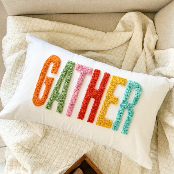 Gather Pillow Cover for Fall Décor, Thanksgiving, Punch Needle Pillow for Fall Autumn Décor