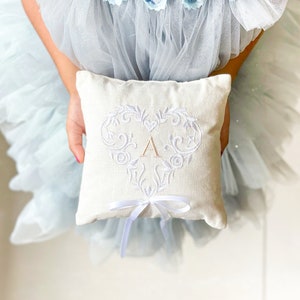 Personalized Ring Bearer Pillow for Wedding, Linen Embroidered Ring Bearer Pillow, Keepsake Wedding Gift