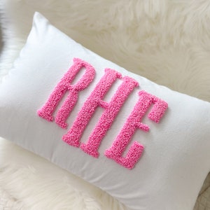 May include: White pillow with the letters RHE embroidered in pink yarn.