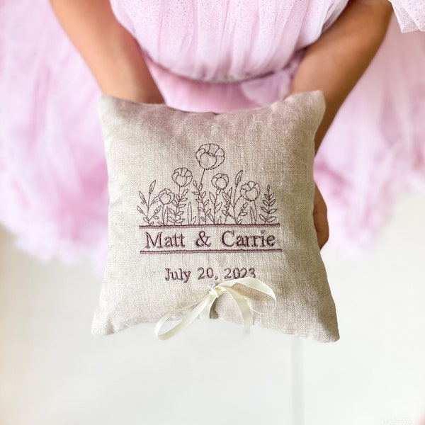 Custom Monogram Ring Bearer Pillow for Wedding Wildflowers, Linen Embroidered Ring Bearer Pillow, Monogram Ring Bearer Cushion