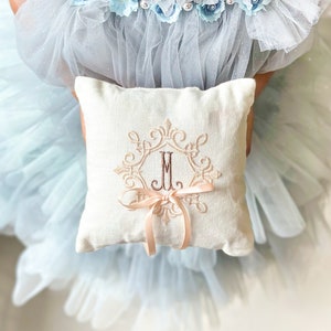 Personalized Ring Bearer Pillow for Wedding with Name Initial, Linen Embroidered Ring Bearer Pillow