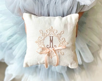 Personalized Ring Bearer Pillow for Wedding with Name Initial, Linen Embroidered Ring Bearer Pillow