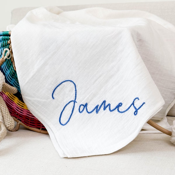 Organic Muslin Swaddle, Double Gauze, Personalized Baby Blanket, Embroidered Baby Shower Gift for boy