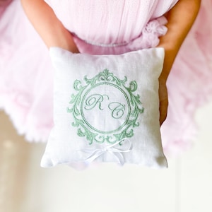 Embroidered Linen Monogram Ring Bearer Pillow, Custom Ring Bearer Pillow With Couples Initials