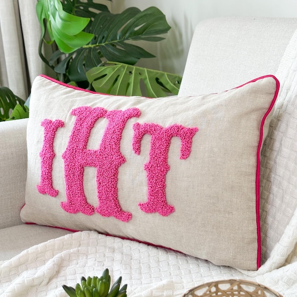 Personalized Monogram Pillow Cover: Punch Needle Embroidered Linen, Kid/Baby Room Decor