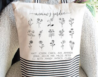 Memaw's Garden Tote with Birth Flowers & Grandkids Names for Memaw, Personalized Memaw Gift for Christmas, Mother's Day Gift