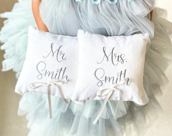 Set of 2 Mr & Mrs Ring Bearer Pillows for Wedding, Linen Embroidered Ring Bearer Pillow Set