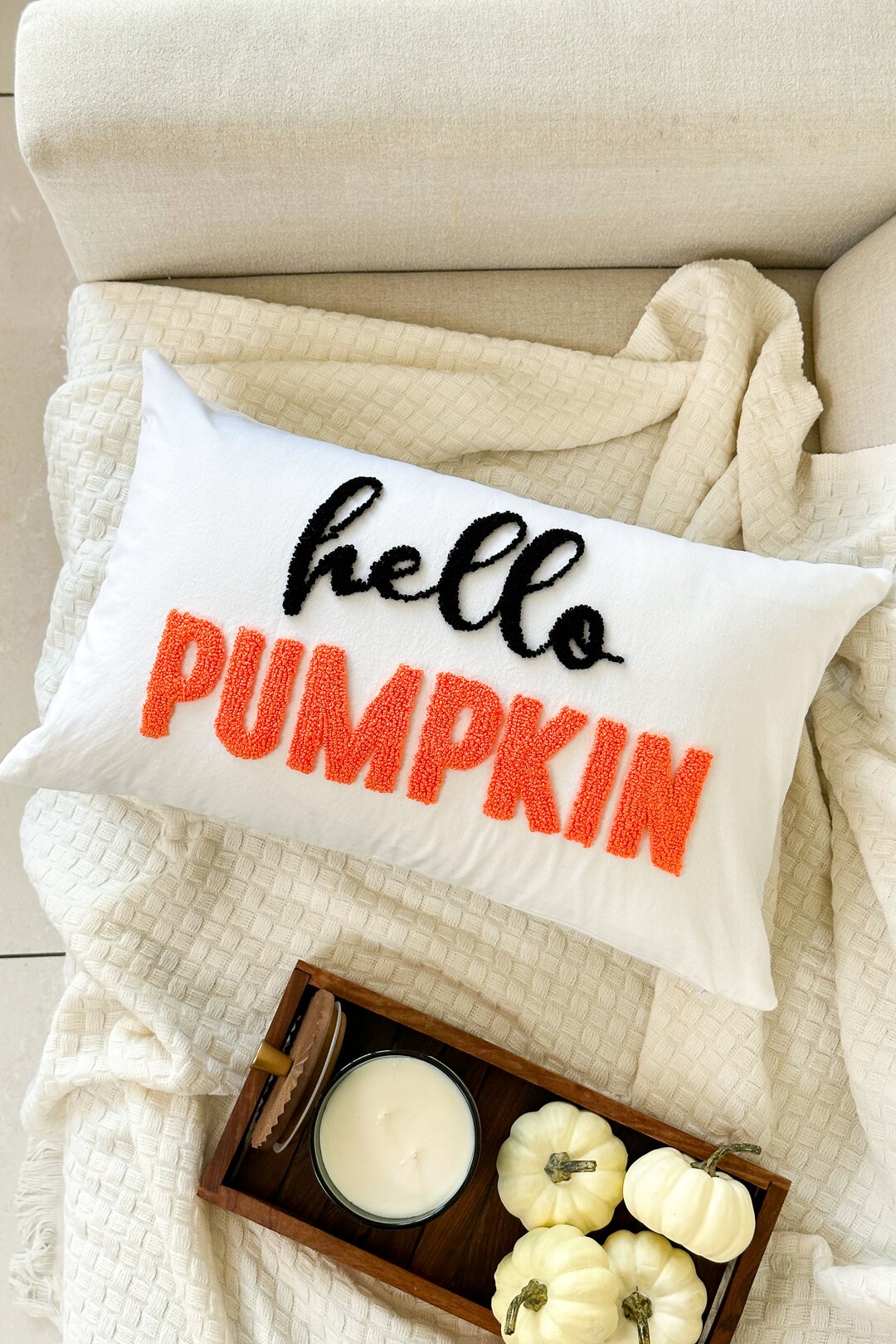 Hello Pumpkin Pillow Cover for Fall Décor, Thanksgiving, Punch Needle