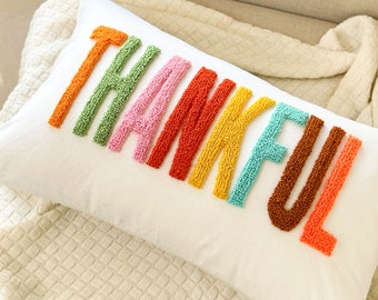 Thankful Pillow Cover for Fall Décor, Thanksgiving, Punch Needle Pillow for Fall Autumn Décor