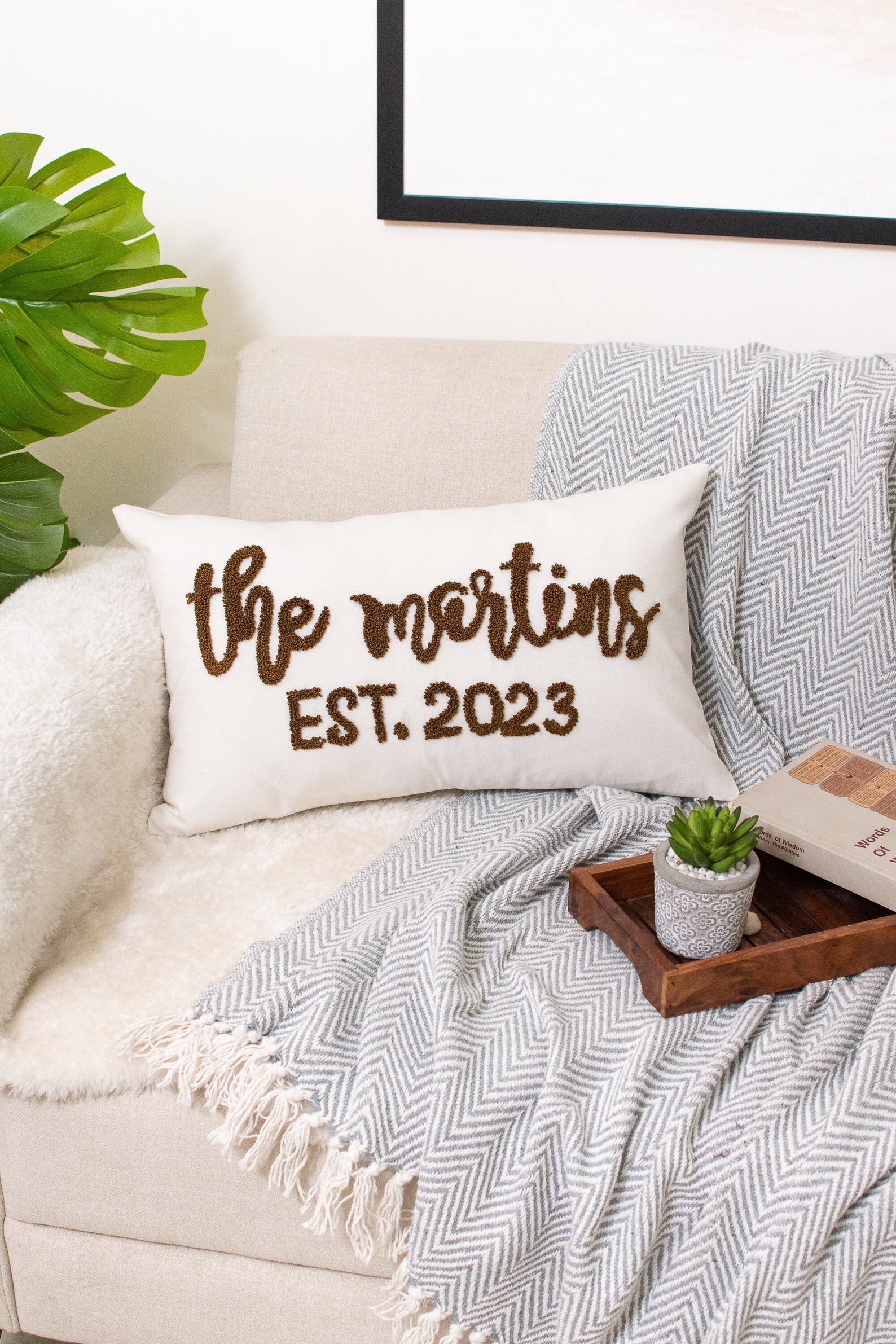 Custom Embroidery Wedding Gift Pillow Cover, Personalized Family Name Pillow Cover, Wedding Shower Gift, Engagement Gift, Couple Gift - 12x20, Off White Cotton