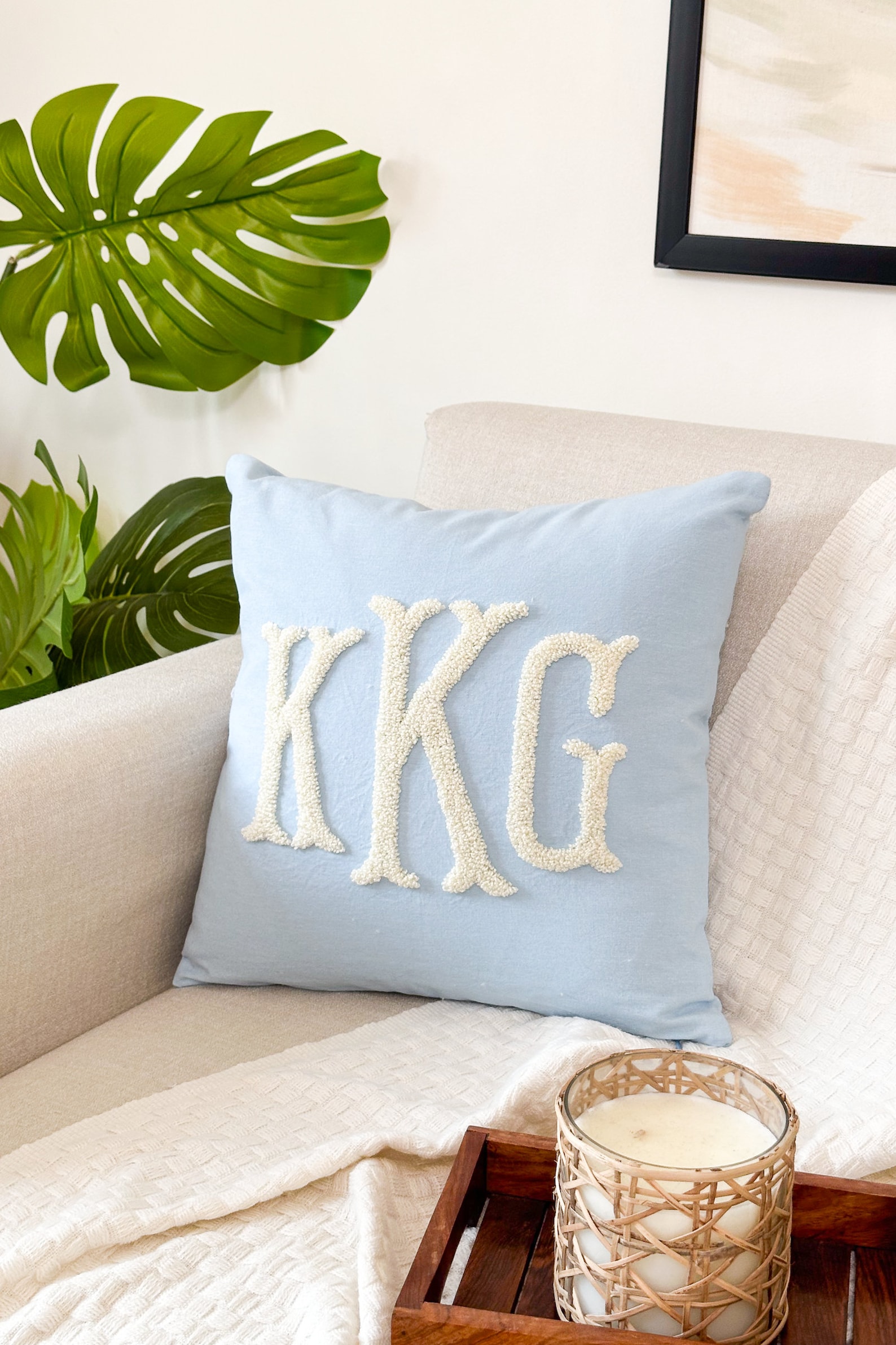 Custom Monogram Pillow Cover with Punch Needle Embroidery, Personalized Wedding Gift for Couple, Custom Monogram Gift, Wedding Pillowcase - Only Cover 18"x18", Cotton Baby Blue