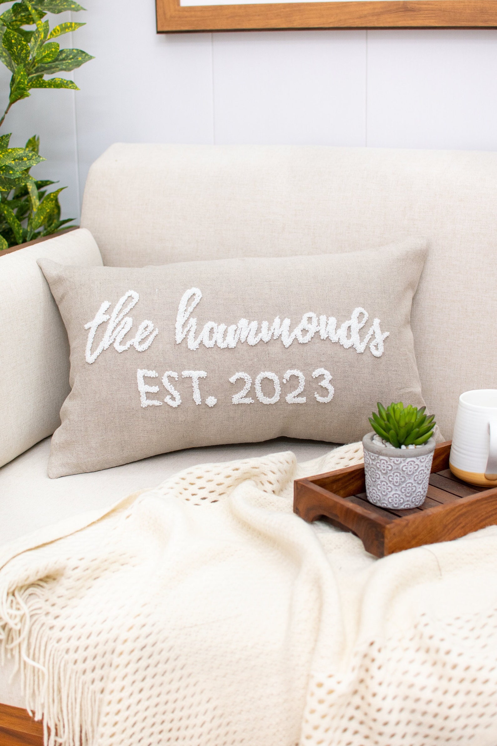 Personalized Family Name Wedding Gift Pillow Cover - 12x20, Oatmeal Linen