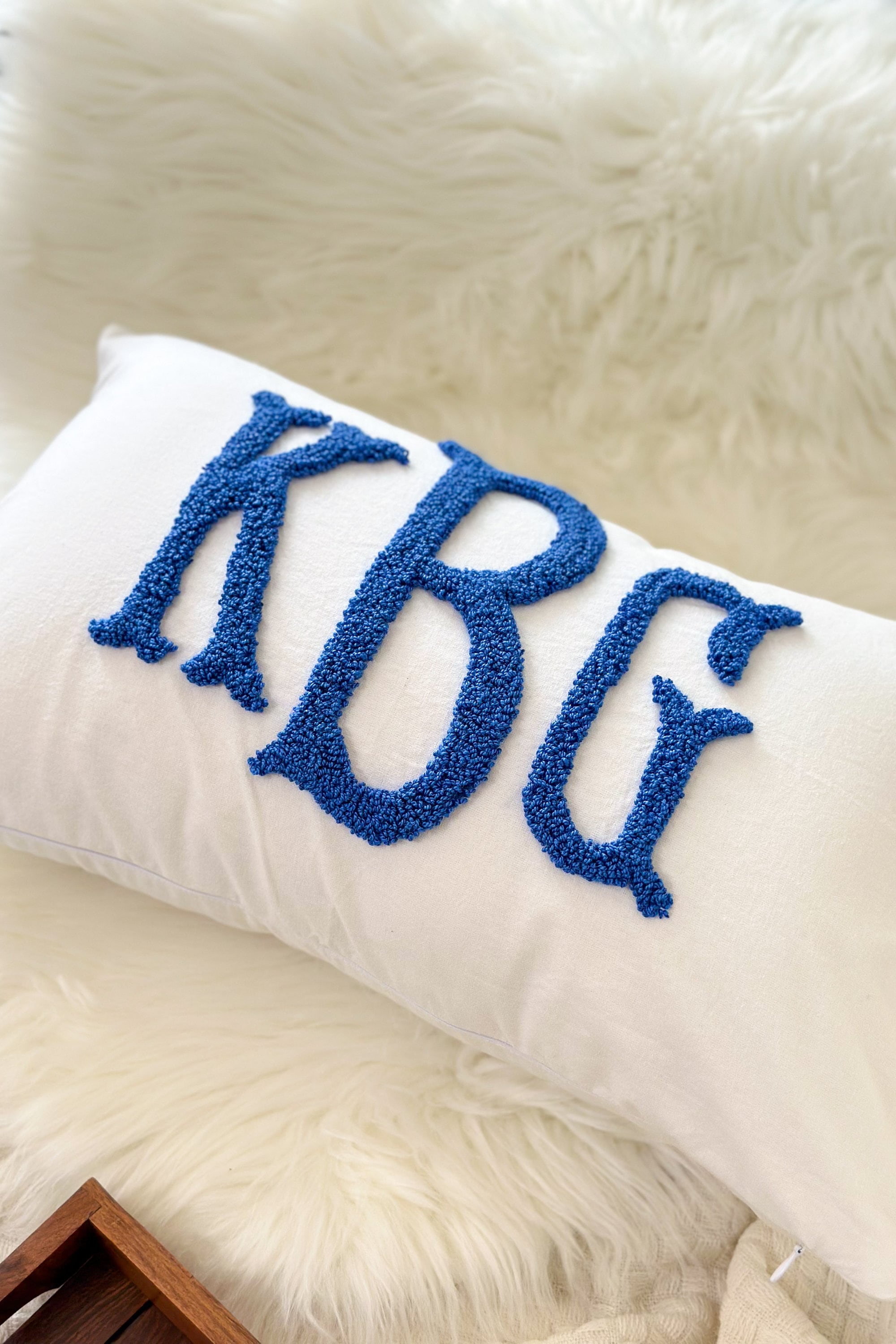 MFE Sky Blue and White Greek Key Script Monogram Throw Pillow, Zazzle