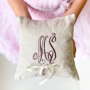 Custom Monogrammed Ring Bearer Pillow for Wedding, Linen Embroidered Ring Bearer Pillow, Monogram Ring Bearer Cushion