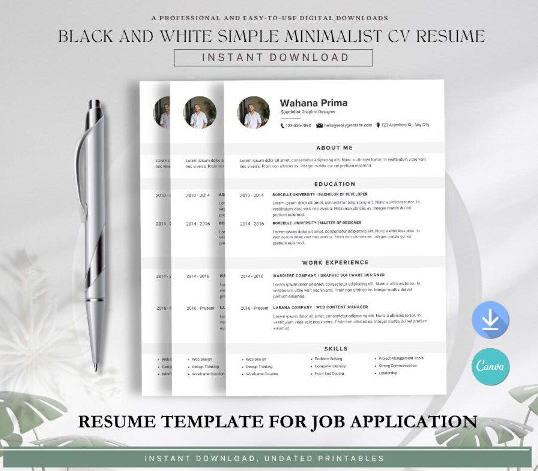 Minimalist Resume Template: Black and White Canva CV Design (PDF) - Etsy