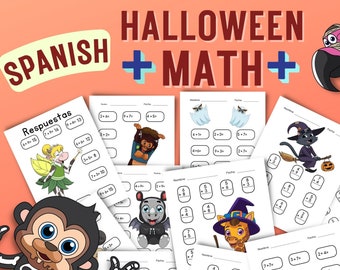 Spanish Printable Halloween Addition Math Worksheets/Single Digits/Preschool/Pre-K/Kindergarten/Grade 1-Yr 1/ Grade 2-Yr2/Homeschool Math