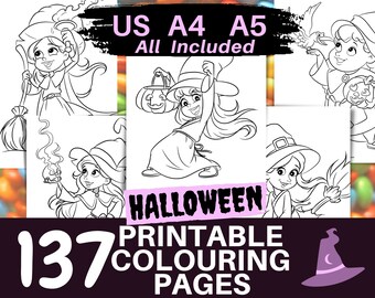 Cute Witches Halloween Colouring, Non-Scary Activity Pages, Printable Colouring Book for kids, Halloween Party, Free Pages, A4 A5 and US
