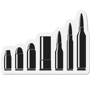 May include: A sticker featuring a series of black bullet silhouettes arranged in ascending order of size. The bullets have a glossy finish and are set against a white background. The design is simple and graphic.