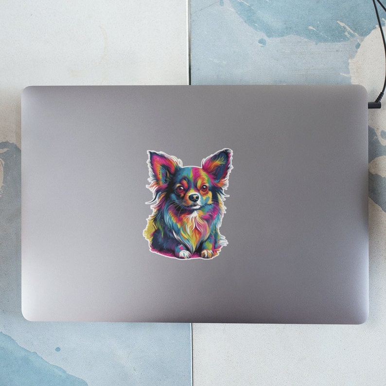 Vibrant Pop Art Long-Hair Chihuahua sticker - fun and colorful design for any dog lover on a laptop