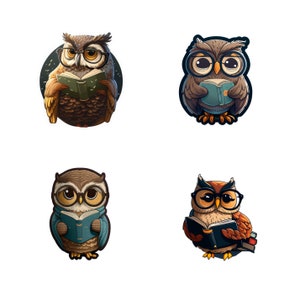May include: Four illustrations of owls wearing glasses and reading books. The owls are in different poses and have different colored feathers. The books are all closed.