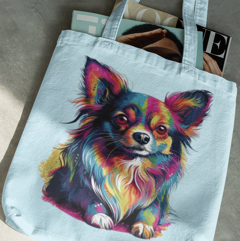 Vibrant Pop Art Long-Hair Chihuahua graphic of a fun and colorful design for any dog lover printed on a book bag,