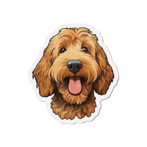 May include: A cartoon illustration of a brown and white doodle dog with its tongue sticking out. The dog is looking directly at the viewer.