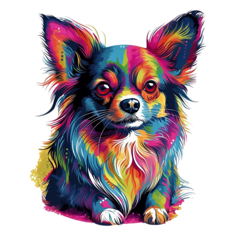 Vibrant Pop Art Long-Hair Chihuahua graphic of a fun and colorful design for any dog lover to personalize items.