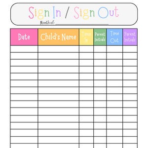 Sign In Sheet Sign Out Sheet Daycare Preschool Childcare Printable Download Daycare Forms Colorful Instant