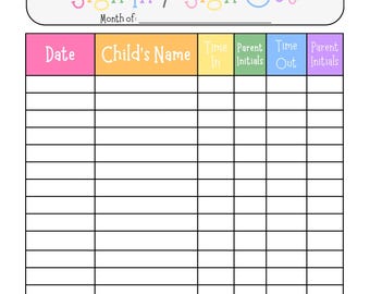 Sign In Sheet Sign Out Sheet Daycare Preschool Childcare Printable Download Daycare Forms Colorful Instant