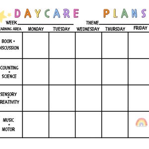 Könnte beinhalten: Ein druckbarer Wochenplaner für die Kindertagesstätte mit Regenbogen-Thema. Der Planer enthält Abschnitte für Lernbereich, Woche, Thema und Wochentage. Die Lernbereiche umfassen Buch + Diskussion, Zählen + Naturwissenschaften, Sensorik + Kreativität und Musik + Motorik.
