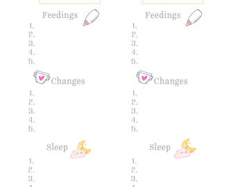 May include: A printable infant daily log with sections for feedings, changes, sleep, and notes. The log has a pink and purple color scheme with cute illustrations of a baby bottle, diaper, moon, and star.