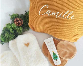 Coffret cadeau personnalisé, pochette, crème main, lingettes, chaussettes, cadeau