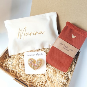 Gift box personalized pouch, socks, heart brooch