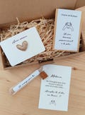 Gift box request for witness, godmother, bridesmaid, pregnancy announcement, hen party, heart brooch, seed bags, personalized message product logo