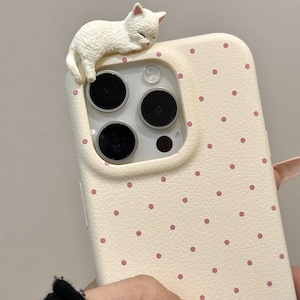 3D Cartoon liegende Katze Leder Handyhülle - Polka Dot Lychee Muster Cover