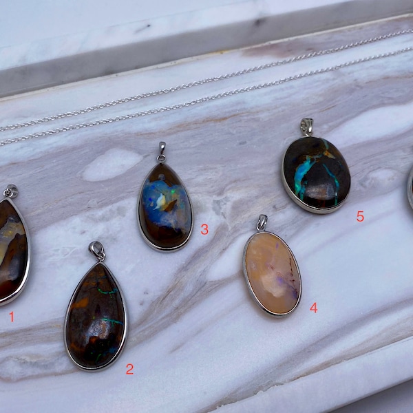 großer BOULDER OPAL in 925 Silber Fassung + 925 Silber Kette - verschiedene Stücke :)