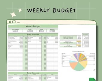 Weekly Budget Spreadsheet for Google Sheets, Track Income, Expenses, Savings with Breakdown Chart