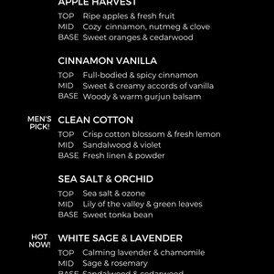 Puede incluir: Gr&aacute;fico negro con descripciones de fragancias de Brazen Flames. Las fragancias incluyen Apple Harvest, Cinnamon Vanilla, Clean Cotton, Sea Salt & Orchid y White Sage & Lavender. El texto "Our Scents" est&aacute; en la parte superior.