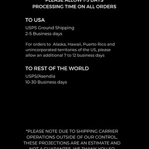 Puede incluir: Fondo negro con texto blanco que detalla la informaci&oacute;n de env&iacute;o. El texto incluye los tiempos de procesamiento, los m&eacute;todos de env&iacute;o y los tiempos de entrega estimados para EE. UU. y el resto del mundo. La marca "Brazen Flames" est&aacute; en la parte inferior.