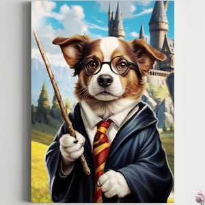 Puede incluir: Impresión enmarcada que presenta un perro vestido de mago, con gafas redondas, corbata y túnica. El fondo muestra un castillo y un cielo azul. El perro sostiene una varita.