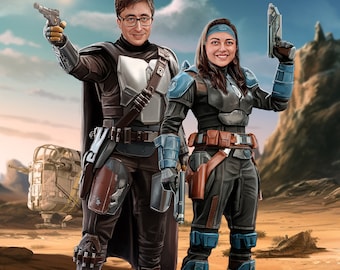 May include: A digital illustration of two figures in sci-fi armor standing in a desert landscape. One figure wears dark brown and silver armor with a cape and glasses, holding a blaster. The other wears black and blue armor with a headband.