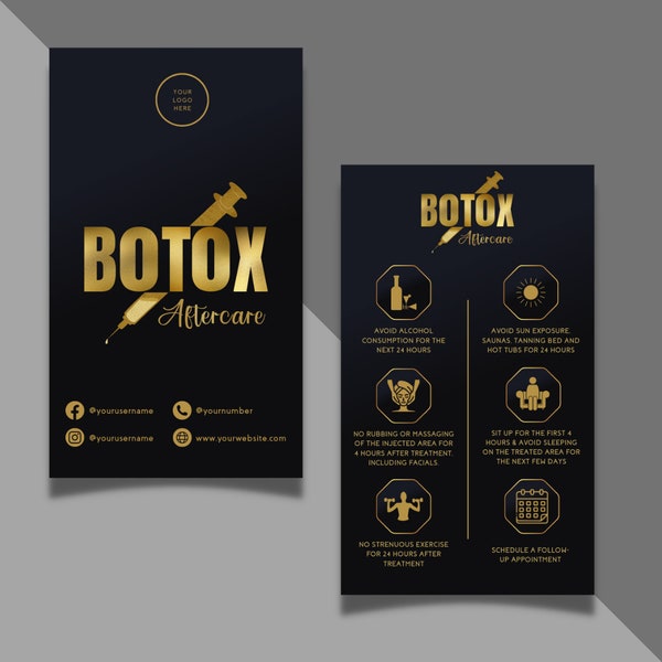 BOTOX Nazorgkaart / Tekstbare Botox Nazorgafbeelding / Med Spa Clinic Botox Nazorgkaart / Zwart & Goud