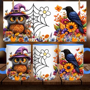 Halloween Mug Wrap: Owl, Raven, Floral Sublimation Design (Digital Download)