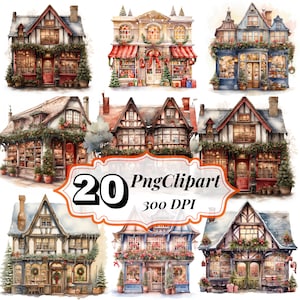 Watercolor Christmas storefront clipart, Christmas Shop clipart, christmas shop png, 20 high quality PNG files, festive clipart, holidays
