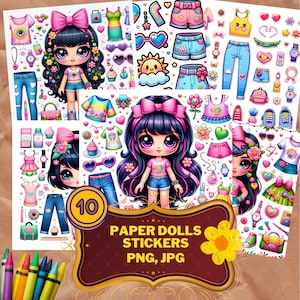 10 Charakter Aufkleber druckbare Papierpuppen, Blatt Mode, Outfit haftende Designs, Scrapbook-Accessoire, Reisebuch, Aufkleber