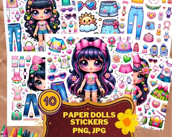 10 Character Stickers Printable Paper Dolls,Sheets Fashion,Outfit Adhesive Designs ,scrapbook accessory, traveller book , Stickers