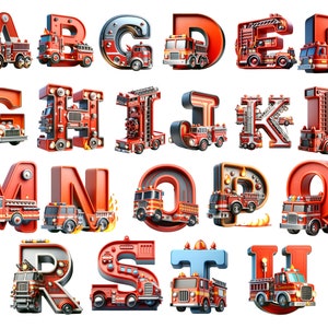 Camión de bomberos 3D Alfabeto A-Z, letras png, alfabeto png, descarga instantánea para uso comercial, Alta resolución,